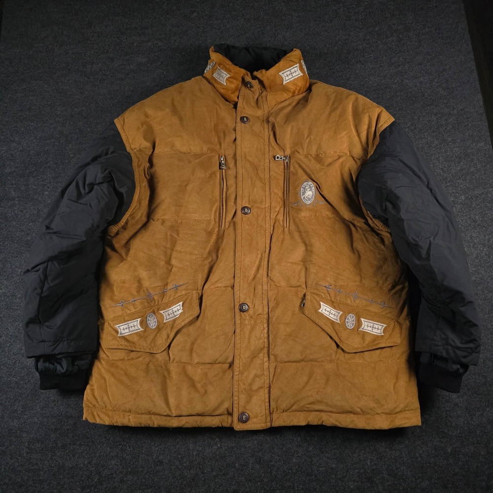 Vtg Bogner Suede Puffer Jacket Tan Black Western Embroidered Aspen Size 44 (L)